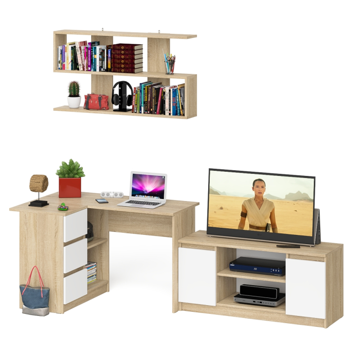 Домашние кабинеты, Угловой стол компьютерный Мори МС-16 левый с тумбой под ТВ и полкой для книг