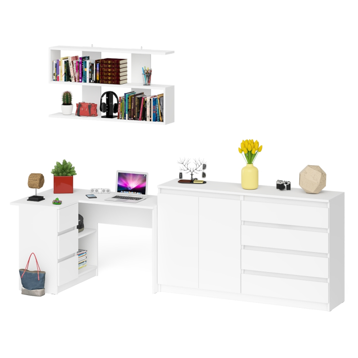 Домашние кабинеты, Угловой компьютерный стол с тремя ящиками Мори МС-16 левый с тумбой-комодом и книжной полкой