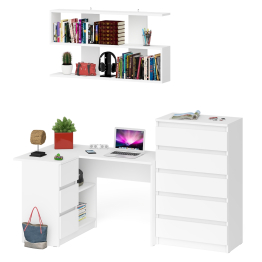 Угловой компьютерный стол Мори МС-16 левый с навесной полкой и высоким комодом на 5-ть ящиков