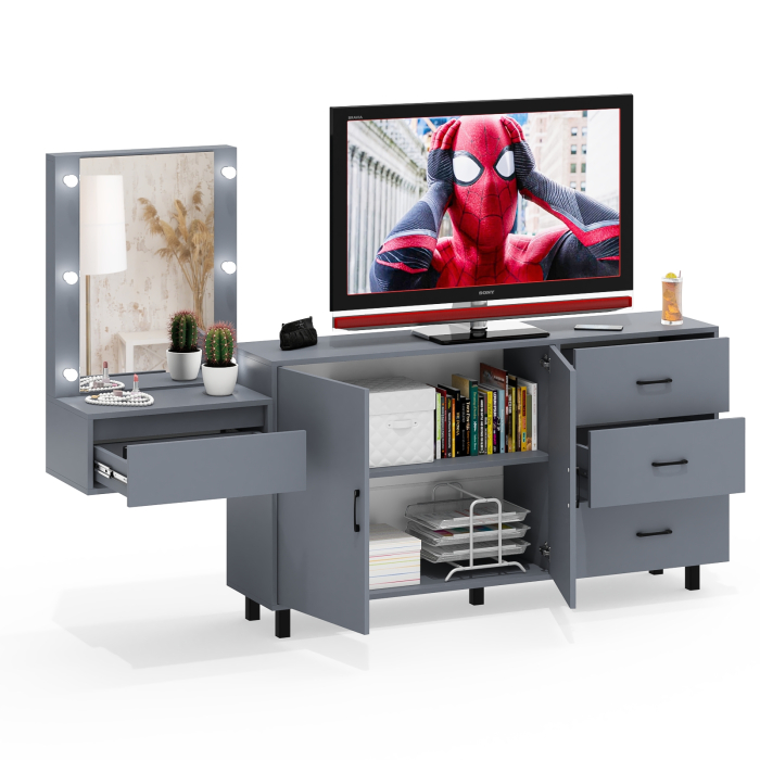 С зеркалом, Косметический навесной столик с подсветкой и комод с ящиками и дверками 123-1604