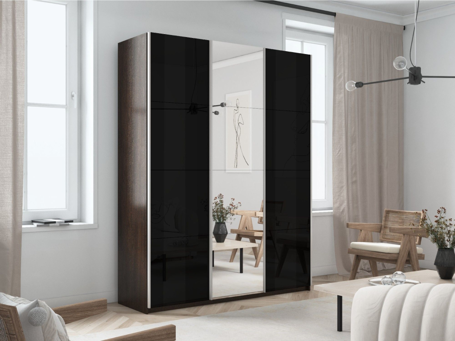 Шкафы-купе 3-х дверные, Шкаф-купе Прайм 3-х дверный Стекла черные/Зеркало/Доводчики 210х57х230