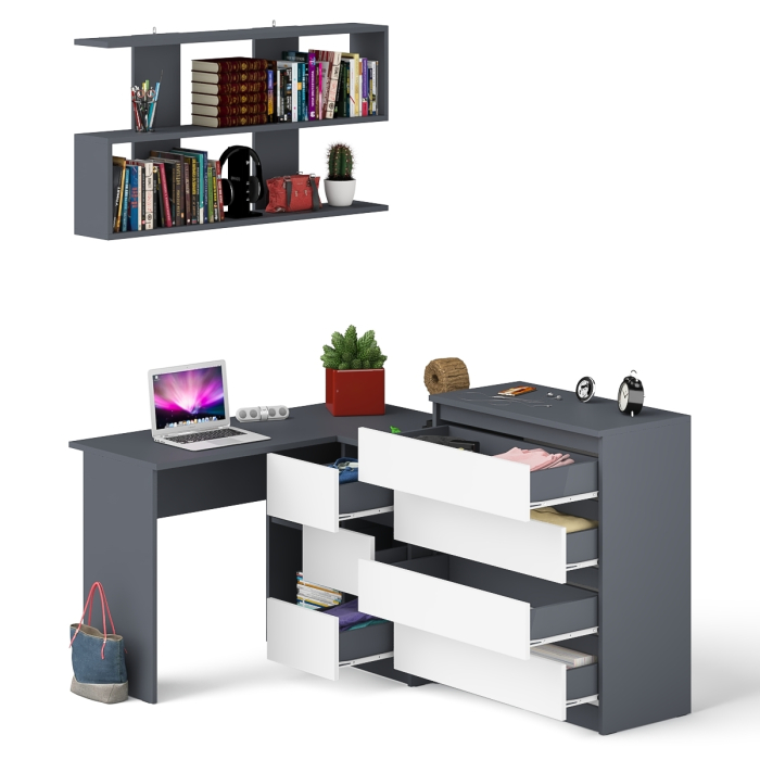 Домашние кабинеты, Книжная навесная полка Мори с угловым компьютерным столом МС-16 правым и комодом Мори МК800.4