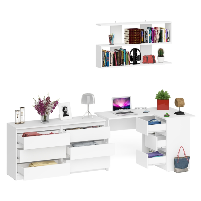 Домашние кабинеты, Комод широкий 6-ть ящиков Мори МК1380.6 с угловым компьютерным столом МС-16 правым и открытой книжной полкой