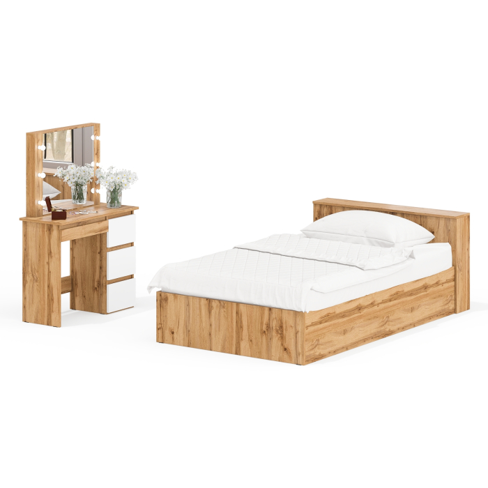 Спальные гарнитуры, Кровать с ящиками полутораспальная Ксения 1200 и туалетный столик с подсветкой Сура