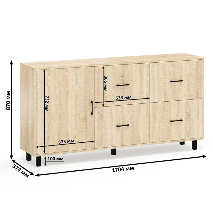 Комоды, Комод широкий с дверкой и ящиками РВК 125-1704