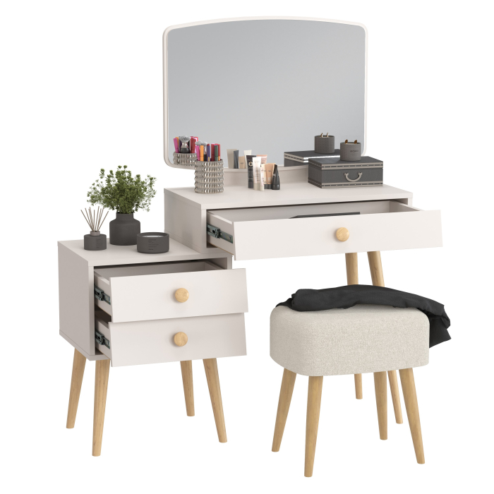 С зеркалом, Трюмо для спальни Афина с прямоугольной банкеткой Полли