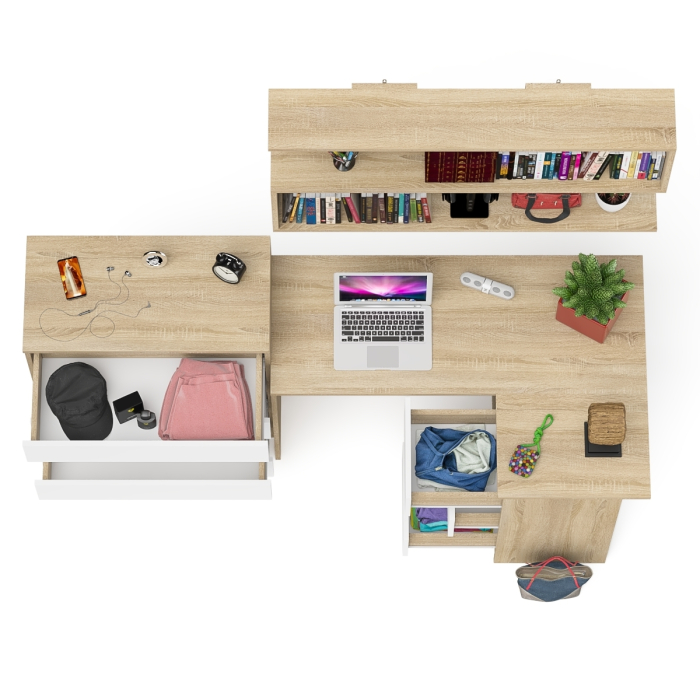 Домашние кабинеты, Книжная навесная полка Мори с угловым компьютерным столом МС-16 правым и комодом Мори МК800.4