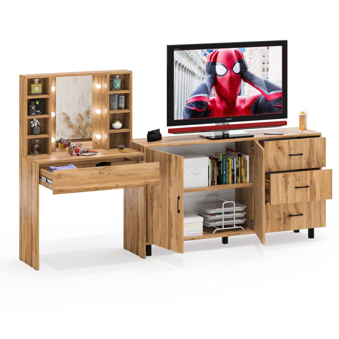 С зеркалом, Косметический cтол с подсветкой и ящиком 115 и комод 123-1604