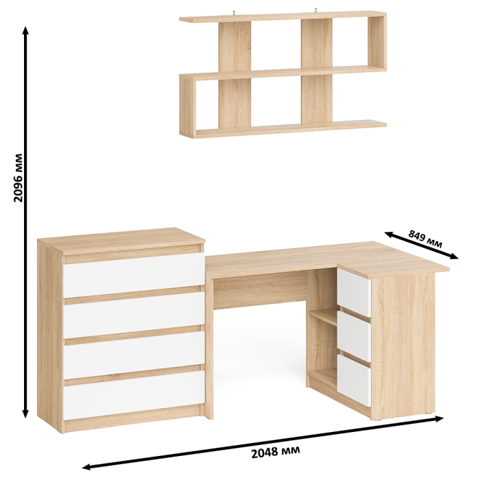 Домашние кабинеты, Книжная навесная полка Мори с угловым компьютерным столом МС-16 правым и комодом Мори МК800.4