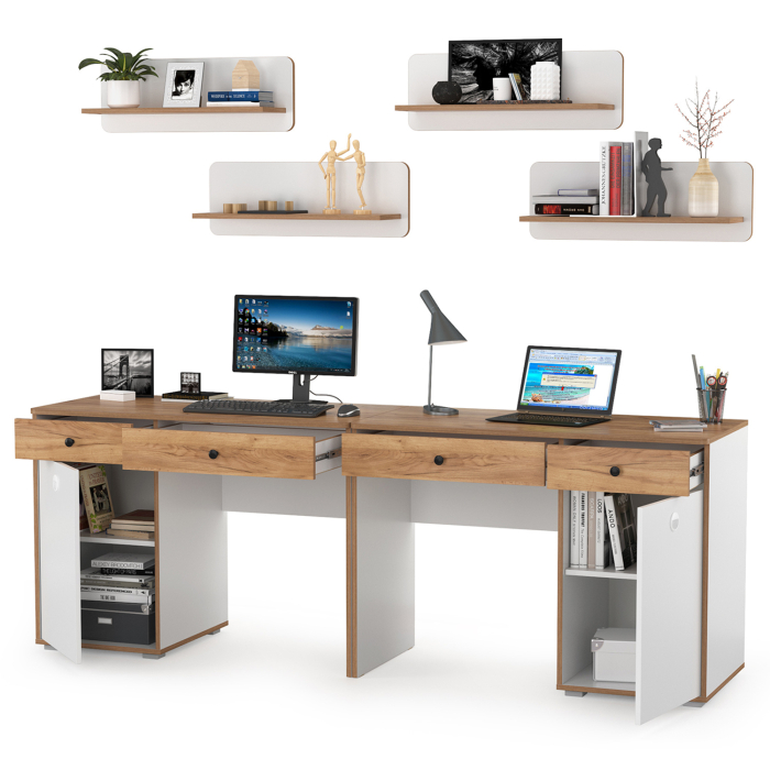 Офисная мебель, Столы письменные и четыре открытых полки для двоих детей Вуди