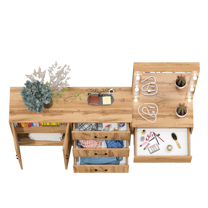 С зеркалом, Стол косметический навесной с подсветкой и тумба-комод 123-1204.