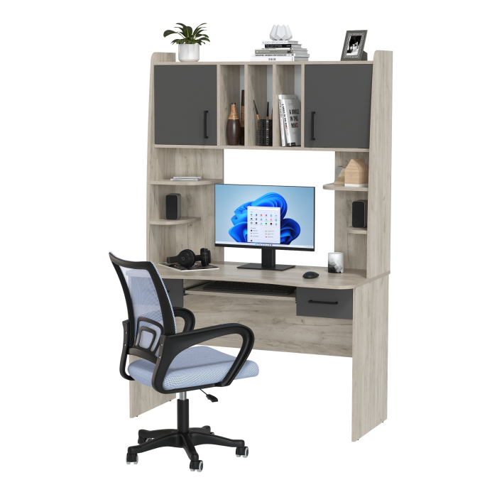 Прямые компьютерные столы, Компьютерный стол с надстройкой Бета и кресло компьютерное серое