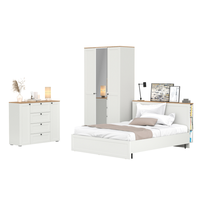 Спальные гарнитуры, Тумба-комод 16.221 Остин со шкафом для одежды 13.336.03 и двуспальной кровати с ортопедом 1600