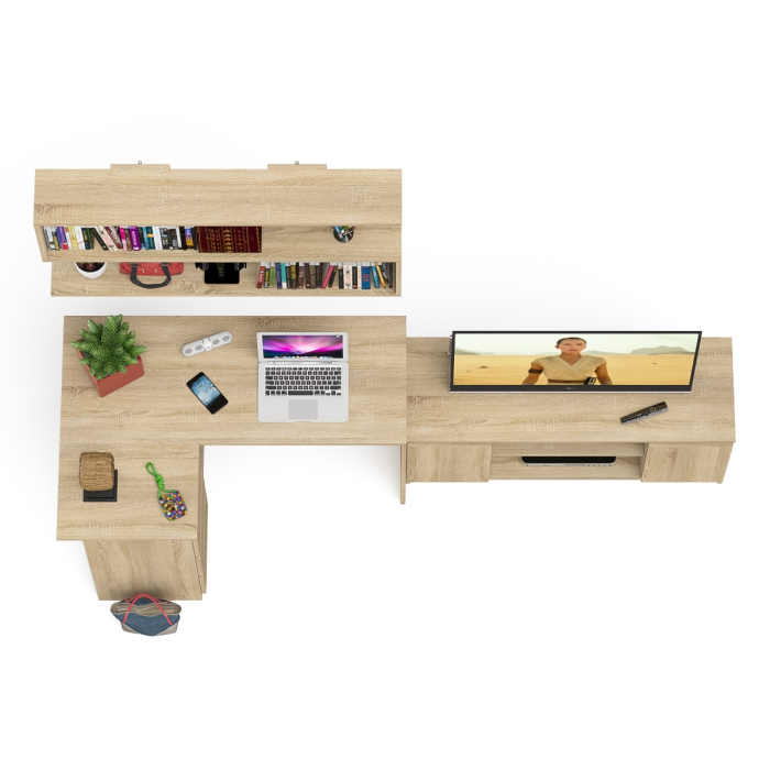 Домашние кабинеты, Угловой стол компьютерный Мори МС-16 левый с тумбой под ТВ и полкой для книг