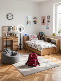 Кровать с ящиками с прикроватным блоком для вещей Ксения 900 и столик косметический с подсветкой Сура