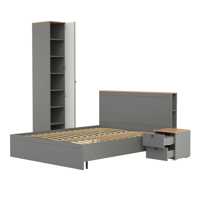 Спальные гарнитуры, Кровать двуспальная Остин с ортопедом и платяной шкаф-пенал с тумбой прикроватной