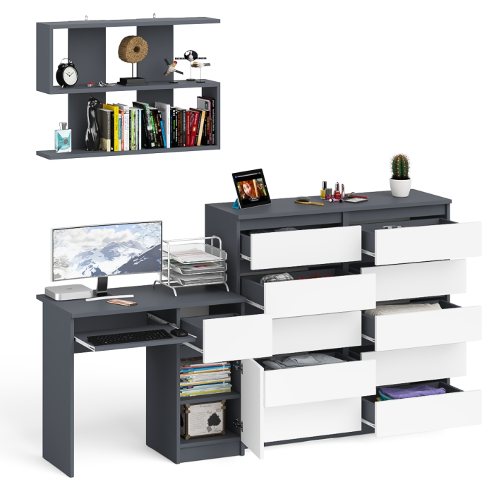 Домашние кабинеты, Стол компьютерный Мори МС-1 правый с комодом на 10-ть ящиков и навесной полкой 900