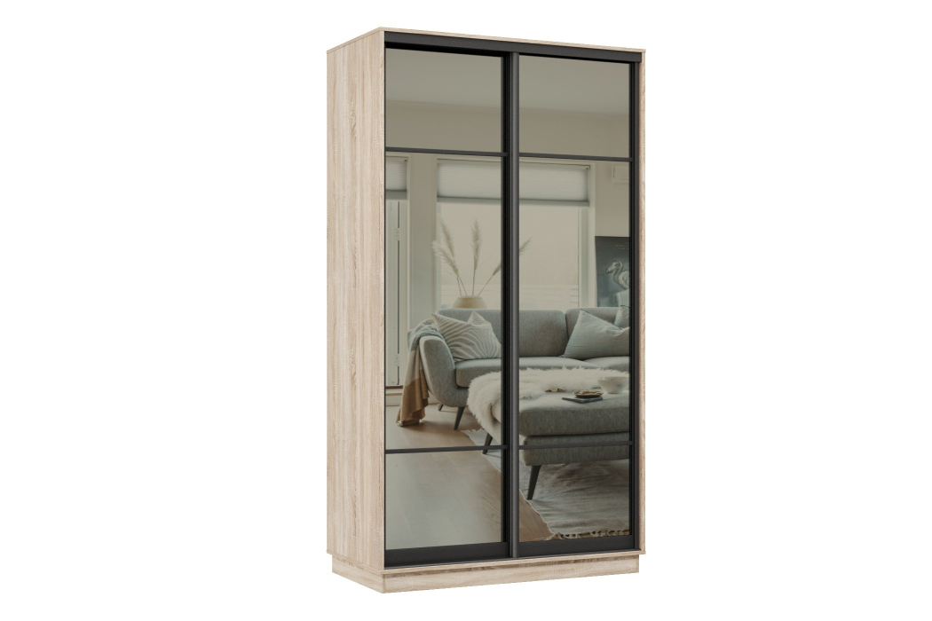 Шкафы-купе 2-х дверные, Шкаф-купе Премьер 02 (11ЗГ;11ЗГ) фасады зеркало графит/двухдверный/Профиль чёрный муар