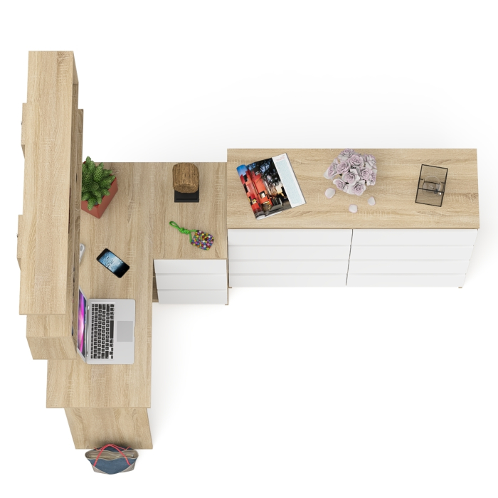 Домашние кабинеты, Стол компьютерный угловой с ящиками Мори МС-16 правый с навесной полкой и комодом МК1200.8