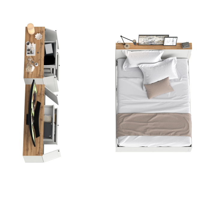 Спальные гарнитуры, Кровать со спальным местом 1600 с ортопедическим основанием с тумбой под ТВ Остин 16.47 и комодом 16.221