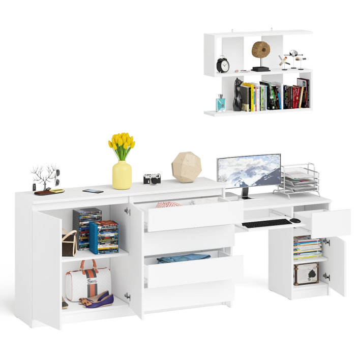 Домашние кабинеты, Тумба-комод с дверками и ящиками на 1600 со столом с тумбой и ящиком справа и навсеной полкой Мори