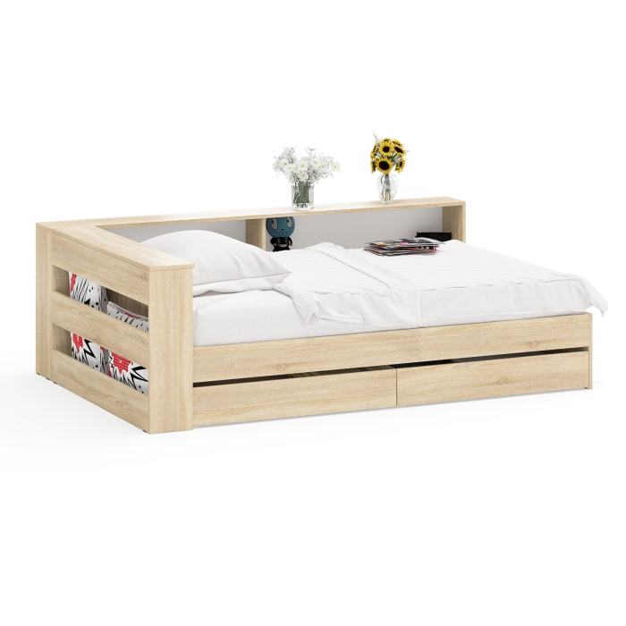 Кровати 120 см, Ксения 1200 кровать с ящиками, ящиком для белья и прикроватным блоком для вещей