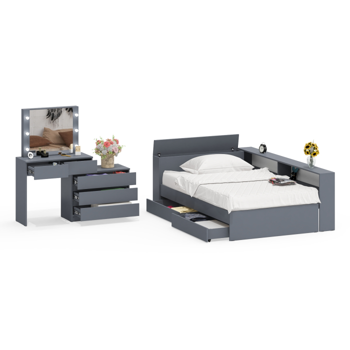 Спальные гарнитуры, Туалетный столик для спальни с подсветкой 110 и Ксения кровать 1200 с ящиками и прикроватный блок