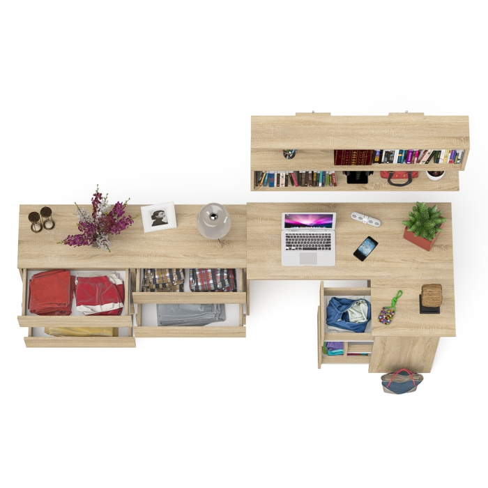 Домашние кабинеты, Комод широкий 6-ть ящиков Мори МК1380.6 с угловым компьютерным столом МС-16 правым и открытой книжной полкой