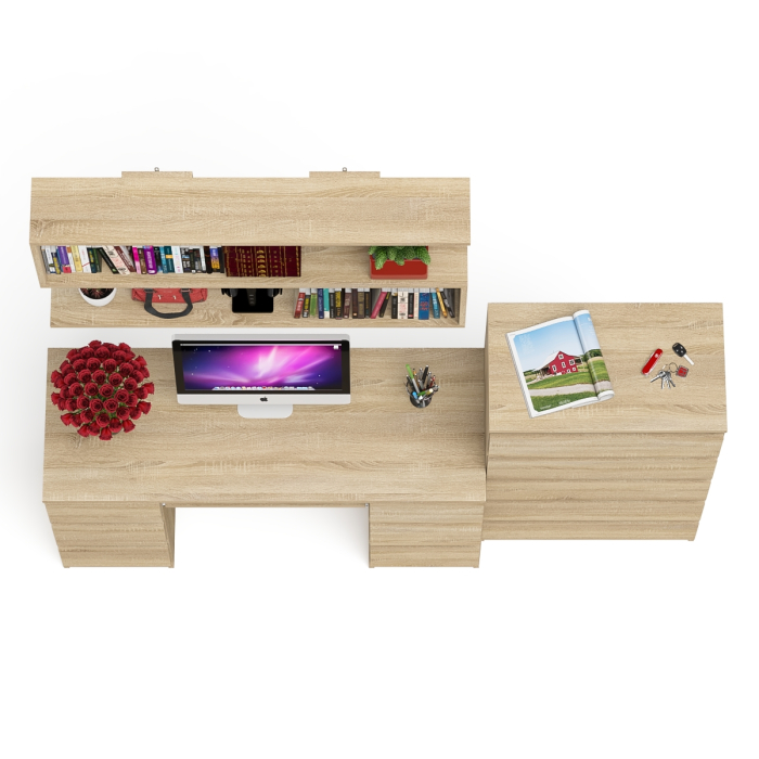 Домашние кабинеты, Стол для работы МС-2 с высоким комодом на пять ящиков и навесной полкой Мори