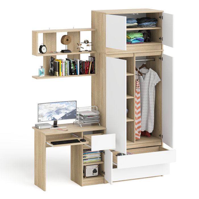 Домашние кабинеты, Шкаф с антресолью Мори МА900.1 с компьютерным столом МС-1 правым и книжной полкой