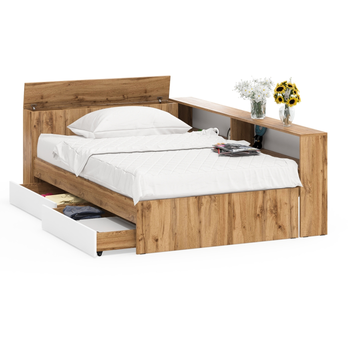 Кровати 120 см, Ксения 1200 кровать с ящиками, ящиком для белья и прикроватным блоком для вещей