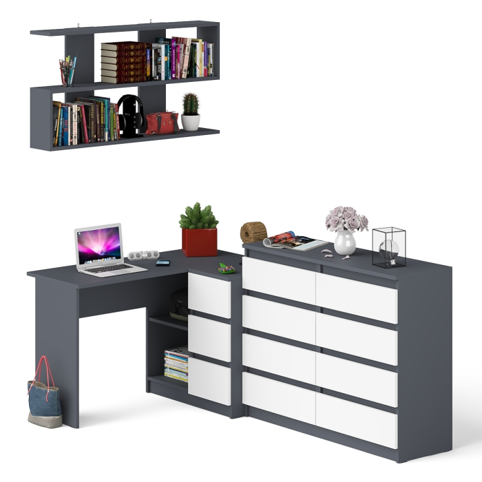 Домашние кабинеты, Стол компьютерный угловой с ящиками Мори МС-16 правый с навесной полкой и комодом МК1200.8