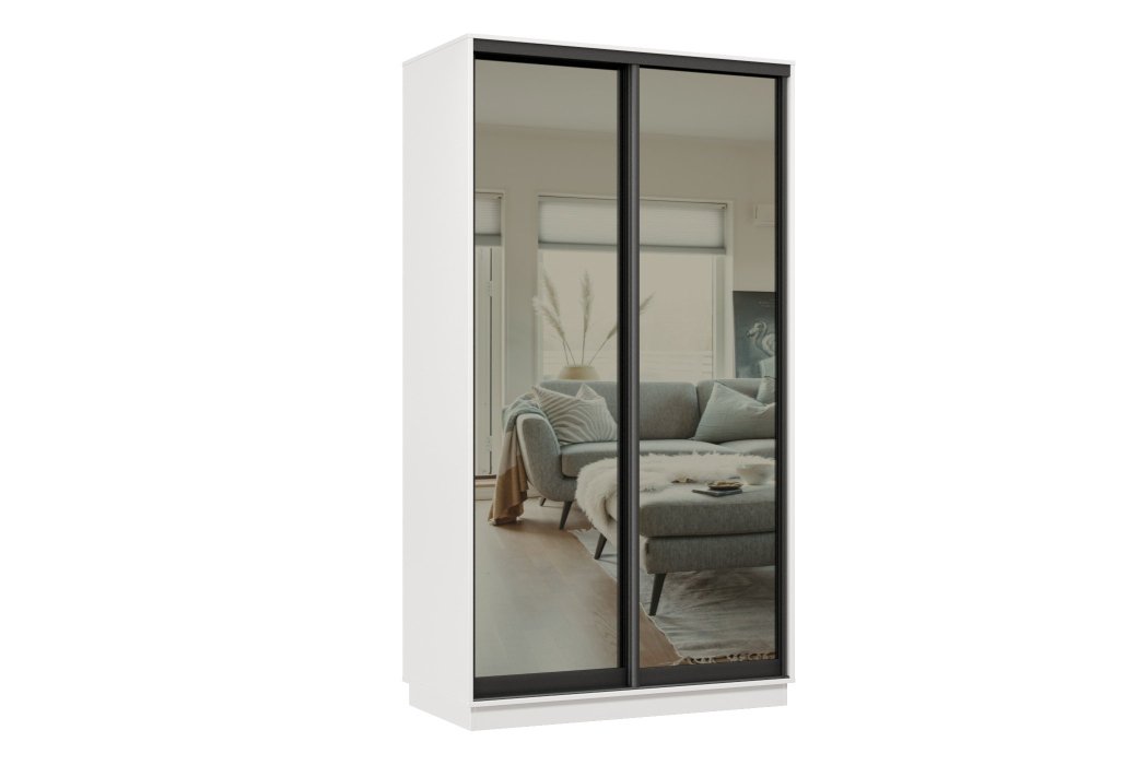 Шкафы-купе 2-х дверные, Шкаф-купе Премьер 09 (01ЗГ;01ЗГ) фасады зеркало графит/двухдверный/Профиль чёрный муар