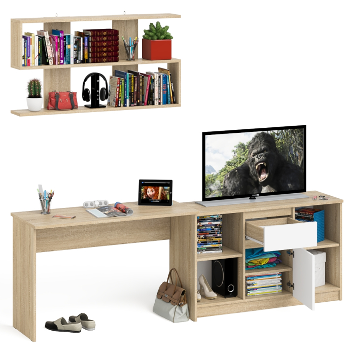 Прямые компьютерные столы, Тумба большая с дверками и нишами с письменным столом Мори и верхней полкой на 1200