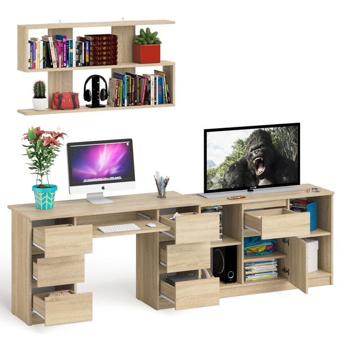 Домашние кабинеты, Стол письменный двухтумбовый Мори МС-2 с навесной открытой полкой и тумбой под ТВ