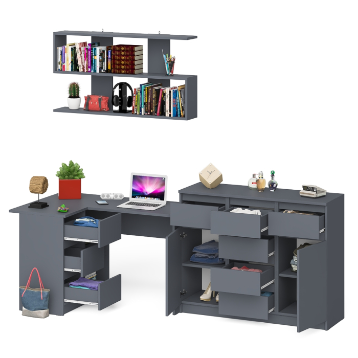 Домашние кабинеты, Стол компьютерный угловой Мори МС-16 левый с комодом МК1200.4 и навесной открытой полкой 1200