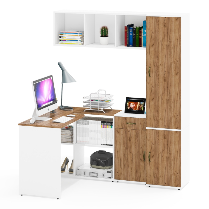 Домашние кабинеты, Пенал для белья с пятью полками Лидер-8 со столом для письма с полкой и тумбой