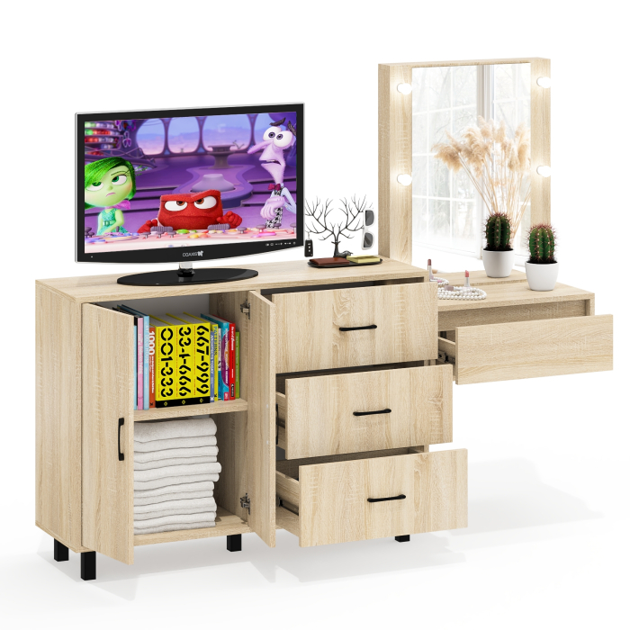 С зеркалом, Стол косметический навесной с подсветкой и тумба-комод 123-1204.