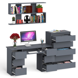 Стол для работы МС-2 с высоким комодом на пять ящиков и навесной полкой Мори