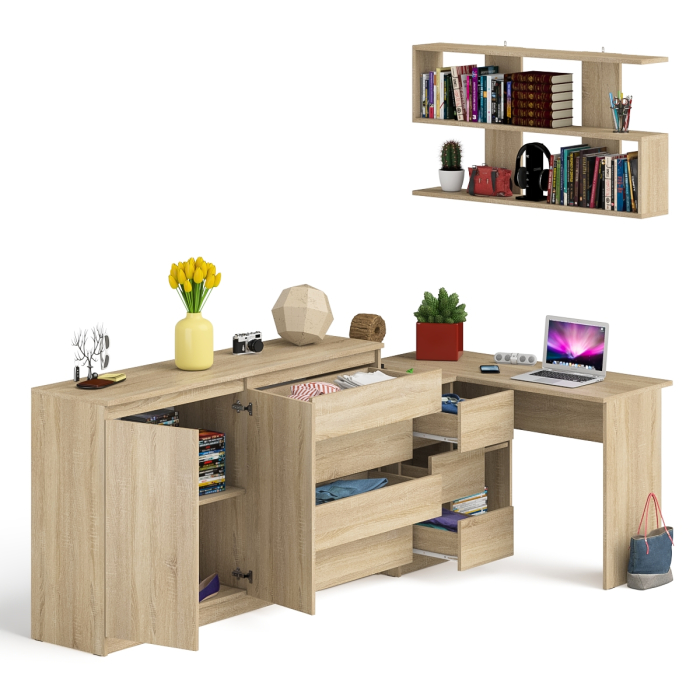 Домашние кабинеты, Угловой компьютерный стол с тремя ящиками Мори МС-16 левый с тумбой-комодом и книжной полкой